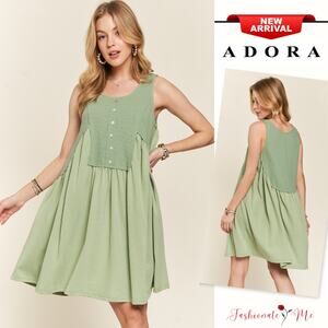ADORA Decorative Button Sleeveless Raw Edge Detail Babydoll Mini Dress | Sage